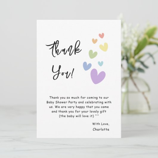 Niedliche und farbenfrohe Herz-Baby-Dusche Dankeskarte (Stehend Vorderseite)