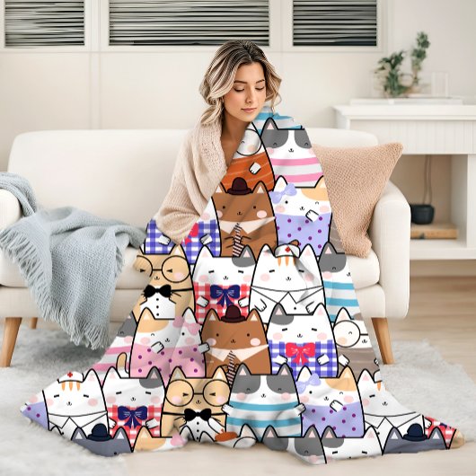 Niedliche und farbenfrohe Kawaii Cat Pattern Sherpadecke