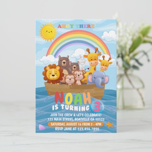 Niedliche und farbenfrohe Noah's Ark Birthday Einl Einladung (Stehend Vorderseite)