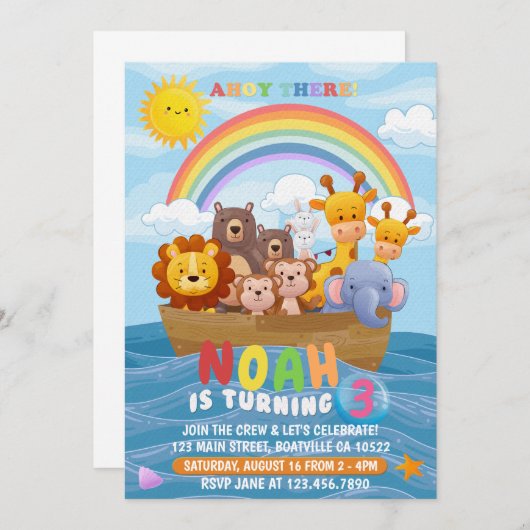 Niedliche und farbenfrohe Noah's Ark Birthday Einl Einladung (Vorne/Hinten)
