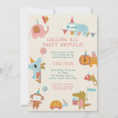 Niedliche und farbenfrohe Party Tiere Kindergeburt Einladung (Vorderseite)