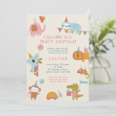 Niedliche und farbenfrohe Party Tiere Kindergeburt Einladung (Stehend Vorderseite)