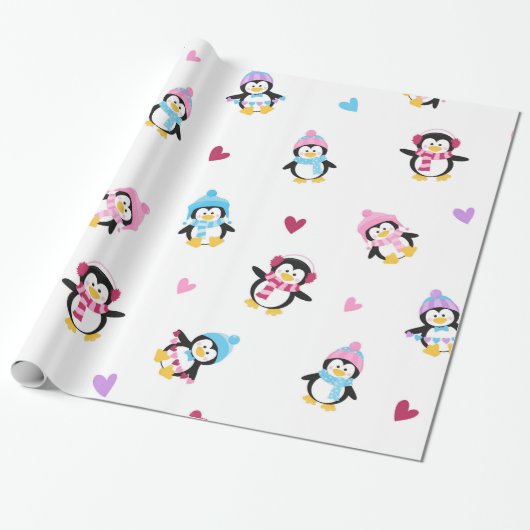 Niedliche und farbenfrohe Pinguine Geschenkpapier (Ungerollt)