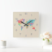 Niedliche und farbenfrohe Weltkarte Quadratische Wanduhr (Zuhause)