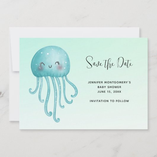 Niedliche und glückliche Blue-Green Jellyfish Baby Save The Date (Vorderseite)