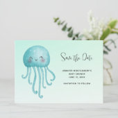 Niedliche und glückliche Blue-Green Jellyfish Baby Save The Date (Stehend Vorderseite)