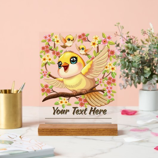 Niedliche und glückliche Vögel unter Frühlingsblum Acrylschild (Hochzeit)