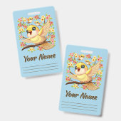 Niedliche und glückliche Vögel unter Frühlingsblum Ausweis (Vorder- & Rückseite)