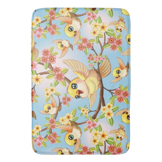 Niedliche und glückliche Vögel unter Frühlingsblum Badematte (Vorderseite Vertikal)