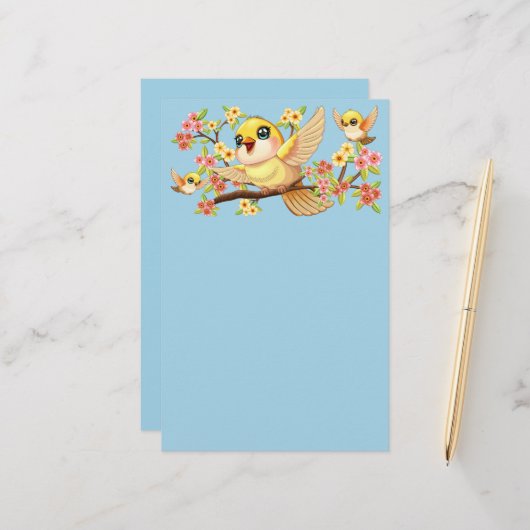 Niedliche und glückliche Vögel unter Frühlingsblum Briefpapier (Vorderseite/Rückseite Beispiel)