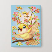 Niedliche und glückliche Vögel unter Frühlingsblum Button (Vorderseite)