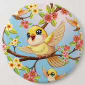 Niedliche und glückliche Vögel unter Frühlingsblum Button (Vorderseite)