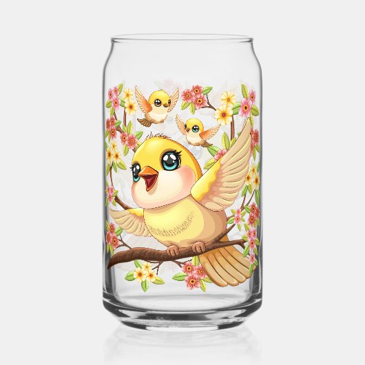 Niedliche und glückliche Vögel unter Frühlingsblum Dosenglas (Vorderseite)