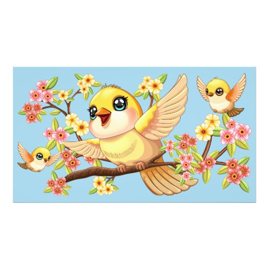 Niedliche und glückliche Vögel unter Frühlingsblum Fotodruck (Vorne)