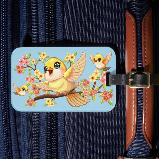 Niedliche und glückliche Vögel unter Frühlingsblum Gepäckanhänger (Vorderseite Insitu 4)