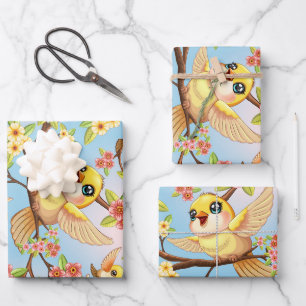 Niedliche und glückliche Vögel unter Frühlingsblum Geschenkpapier Set