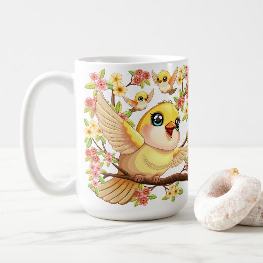 Niedliche und glückliche Vögel unter Frühlingsblum Kaffeetasse (Mit Donut)
