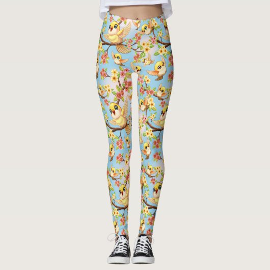 Niedliche und glückliche Vögel unter Frühlingsblum Leggings (Vorderseite)