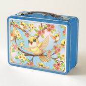 Niedliche und glückliche Vögel unter Frühlingsblum Metall Brotdose (Rückseite)