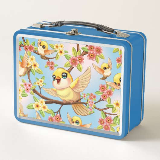 Niedliche und glückliche Vögel unter Frühlingsblum Metall Brotdose (Vorderseite)