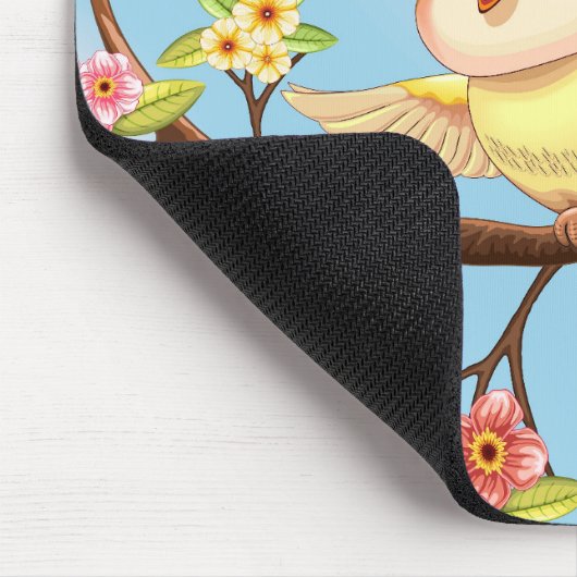 Niedliche und glückliche Vögel unter Frühlingsblum Mousepad (Ecke)