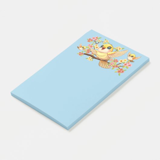 Niedliche und glückliche Vögel unter Frühlingsblum Post-it Klebezettel (angewinkelt)
