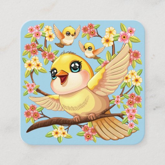 Niedliche und glückliche Vögel unter Frühlingsblum Quadratische Visitenkarte (Vorderseite)