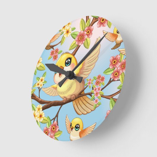 Niedliche und glückliche Vögel unter Frühlingsblum Runde Wanduhr (Winkel)
