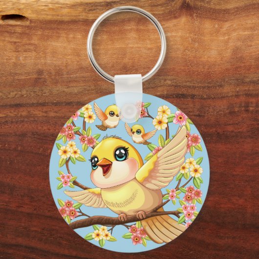 Niedliche und glückliche Vögel unter Frühlingsblum Schlüsselanhänger (Vorderseite)