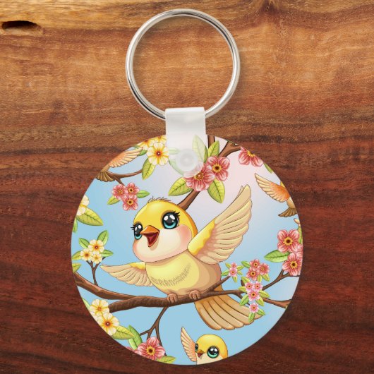 Niedliche und glückliche Vögel unter Frühlingsblum Schlüsselanhänger (Vorderseite)