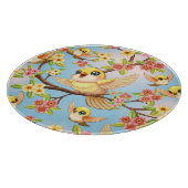 Niedliche und glückliche Vögel unter Frühlingsblum Schneidebrett (Ecke)