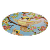 Niedliche und glückliche Vögel unter Frühlingsblum Schneidebrett (Ecke)