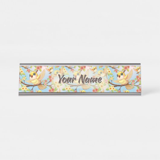 Niedliche und glückliche Vögel unter Frühlingsblum Schreibtischnamensplakette (Vorderseite )