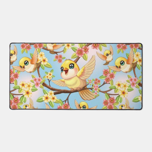 Niedliche und glückliche Vögel unter Frühlingsblum Schreibtischunterlage (Vorderseite)