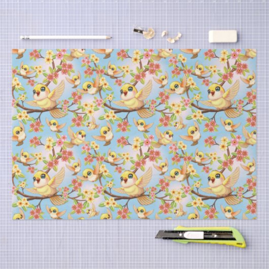 Niedliche und glückliche Vögel unter Frühlingsblum Seidenpapier (Handwerk)