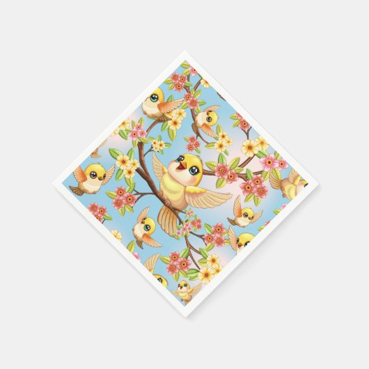 Niedliche und glückliche Vögel unter Frühlingsblum Serviette (Ecke)