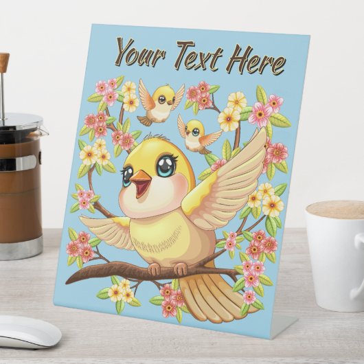 Niedliche und glückliche Vögel unter Frühlingsblum Sockelschild (In Situ)