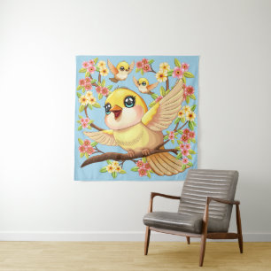 Niedliche und glückliche Vögel unter Frühlingsblum Wandteppich