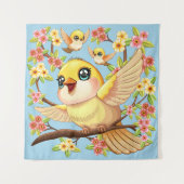 Niedliche und glückliche Vögel unter Frühlingsblum Wandteppich (Vorderseite)