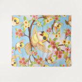 Niedliche und glückliche Vögel unter Frühlingsblum Wandteppich (Vorderseite (Horizontal))