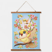 Niedliche und glückliche Vögel unter Frühlingsblum Wandteppich Mit Holzrahmen (Vorderseite)