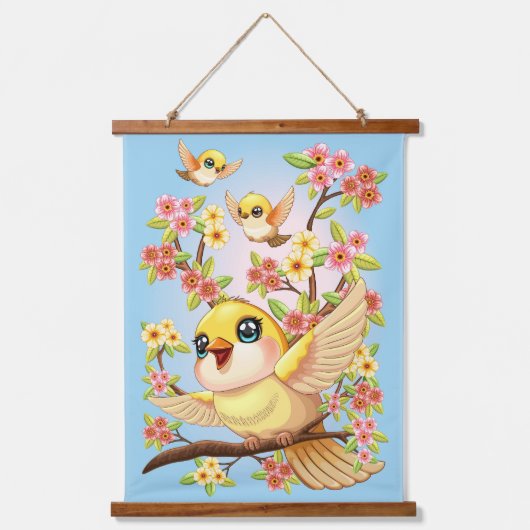 Niedliche und glückliche Vögel unter Frühlingsblum Wandteppich Mit Holzrahmen (Vorderseite)