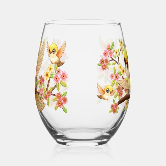 Niedliche und glückliche Vögel unter Frühlingsblum Weinglas Ohne Stiel (Links)