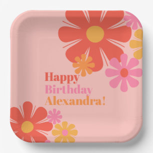 Niedliche und Groovy Retro Blume Happy Birthday Pi Pappteller