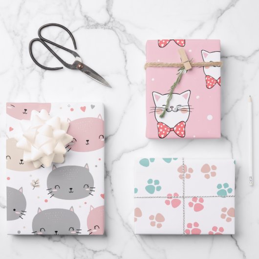 Niedliche und lustige Gesichtskatzen Katze Lover Geschenkpapier Set (Vorderseite)