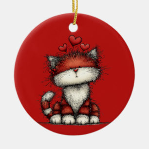 Niedliche und lustige Katze mit roten Herzen Keramik Ornament