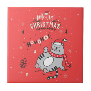 Niedliche und lustige Katze Weihnachten freudige G Fliese