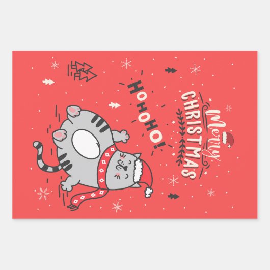 Niedliche und lustige Katze Weihnachten freudige G Geschenkpapier Set (Vorderseite)