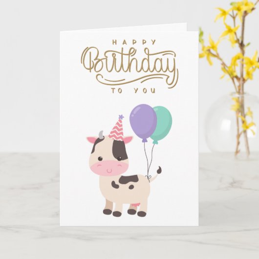 Niedliche und lustige Kuh & Ballons Glücklich Gebu Karte (Gelbe Blume)
