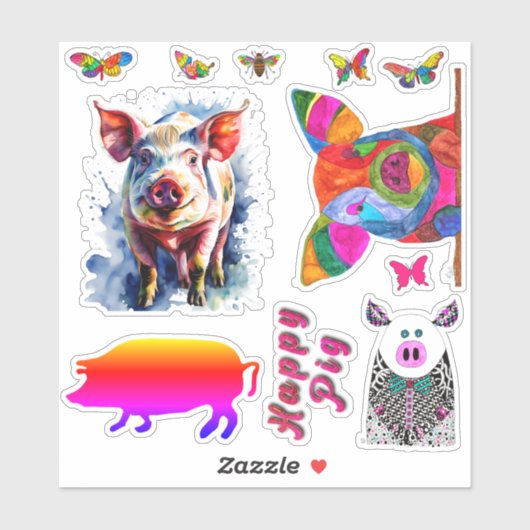 Niedliche und lustige Schweine und Schmetterlinge  Aufkleber (Blatt)